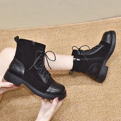 Женские ботинки Мартина 2025 осень и зима новые круглый носок ремешок плоская подошва ботинки-локомотивы рыцарские ботинки кожаные ботинки овчина молния ботинки-гольфы