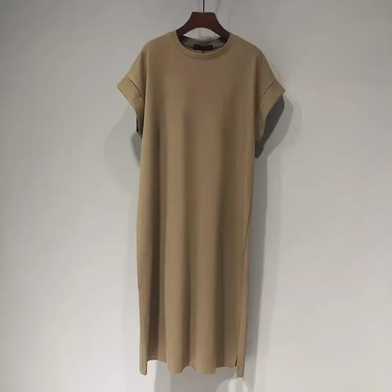 Женское летнее платье-футболка с коротким рукавом и средней длиной - повседневная юбка выше колена из чистого хлопка, мода больших размеров