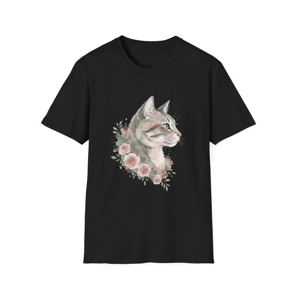 Cat Floral Watercolor Boho Black Tee Nature Aesthetic T-Shirt