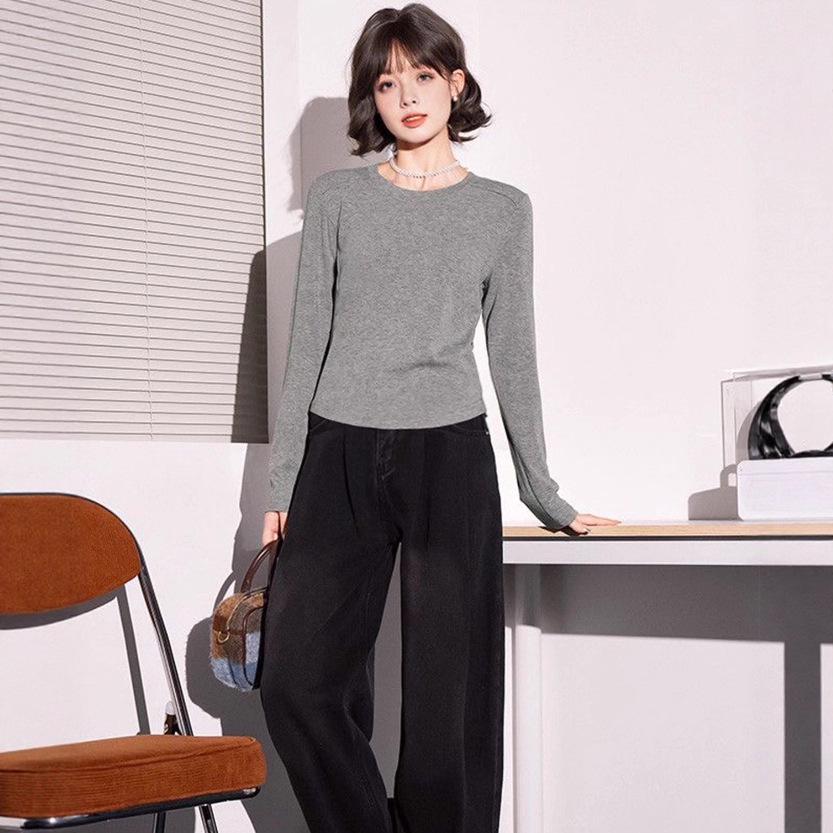 Женский топ с круглым вырезом, осенний, 2025, с косточками на плечах, приталенный, с длинным рукавом