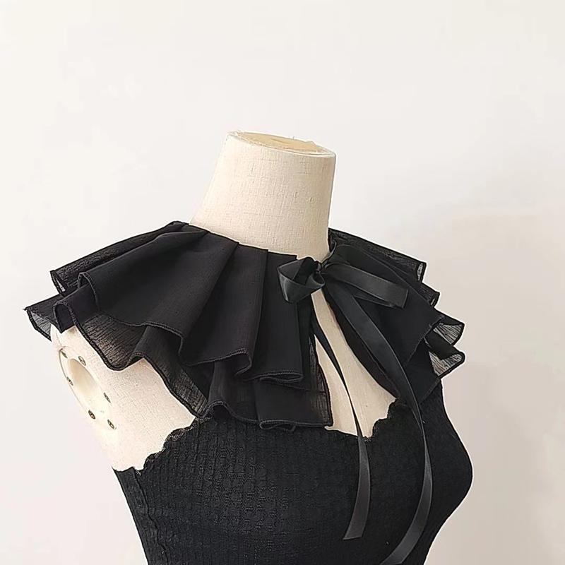 Girls Ruffled Decorative Collar Elegant Pleated Shawl Scarf Casual Detachable Layered Ribbon Tie False Collar Sweater