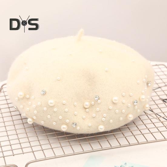 Женский берет с искусственным жемчугом и стразами, винтажная шерстяная шляпа в английском стиле без полей, однотонная, с регулируемыми лямками, кепка-тыква