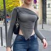 Women Knitting Tops Sexy Sloped Shoulder Collar Irregular Hem Pullover Tops Solid Color Ribbed Blouse
