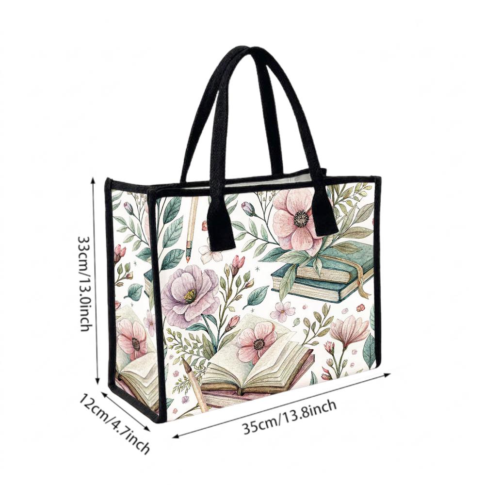 Vintage Floral Book Printed Tote Bag Daily Use Large Capacity Handbag