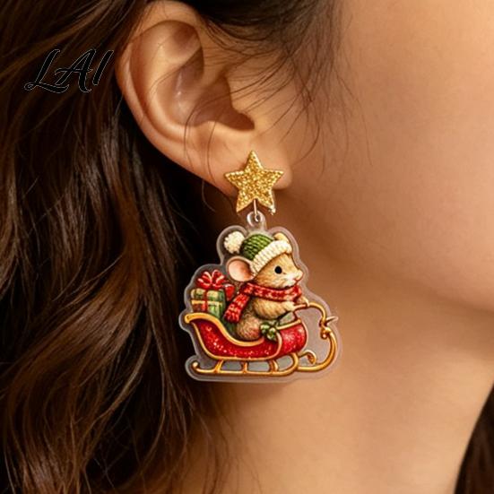 Christmas Mouse Acrylic Earrings 1 Pair Cute Earrings 2D Flat Cartoon Animal Dangle Fun Holiday Jewelry for Girls Drop Women Glitter Star