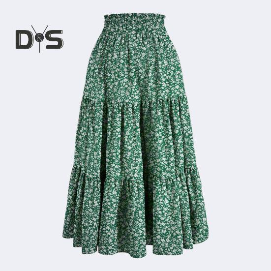 Женская юбка, эластичная, с высокой талией, на шнуровке, юбка-лето, в стиле бохо, с цветочным принтом, оборками, низом, длинная юбка