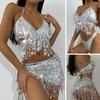 3Pcs/Set Women Sexy Bikini Set Halter Tassel Bra High Waist Briefs Sequins Tassel Wrap Skirt Set Swimwear Bathing Suit