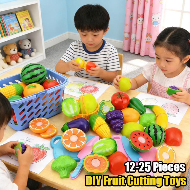 DIY Fruit Cutting Toys Fruits And Vegetables Parent-Child Simulation Pretend Play Kitchen Toy Food with Basket Kids Christmas