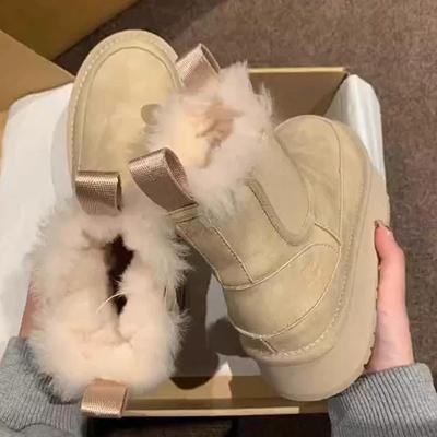 [Странный эстетизм] Зимние женские кожаные меховые сноубутсы на толстой подошве со скрытой платформой, новинка зимы 2025, короткие ботинки с толстым хлопковым утеплителем