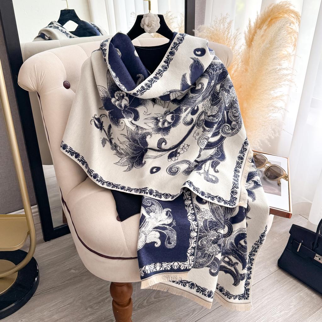 Autumn Winter  Elegant Floral Design Scarf Imitation Cashmere Soft Warm Versatile Shawl Coldproof Windproof Blanket
