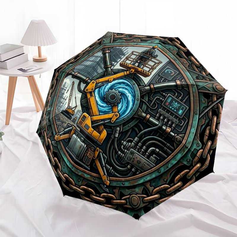 Industrial Gear Mechanism pattern umbrella, portable and foldable design, 8 ribs, a casual accessory for Halloween, Christmas, and birthday gifts.