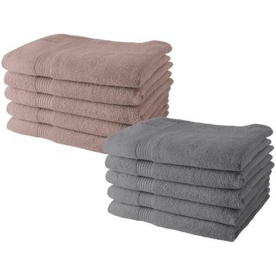 Lot De 10 Serviettes De Toilette - - 50 X 90 Cm - 100% Coton - 5 Rose, 5 Acier