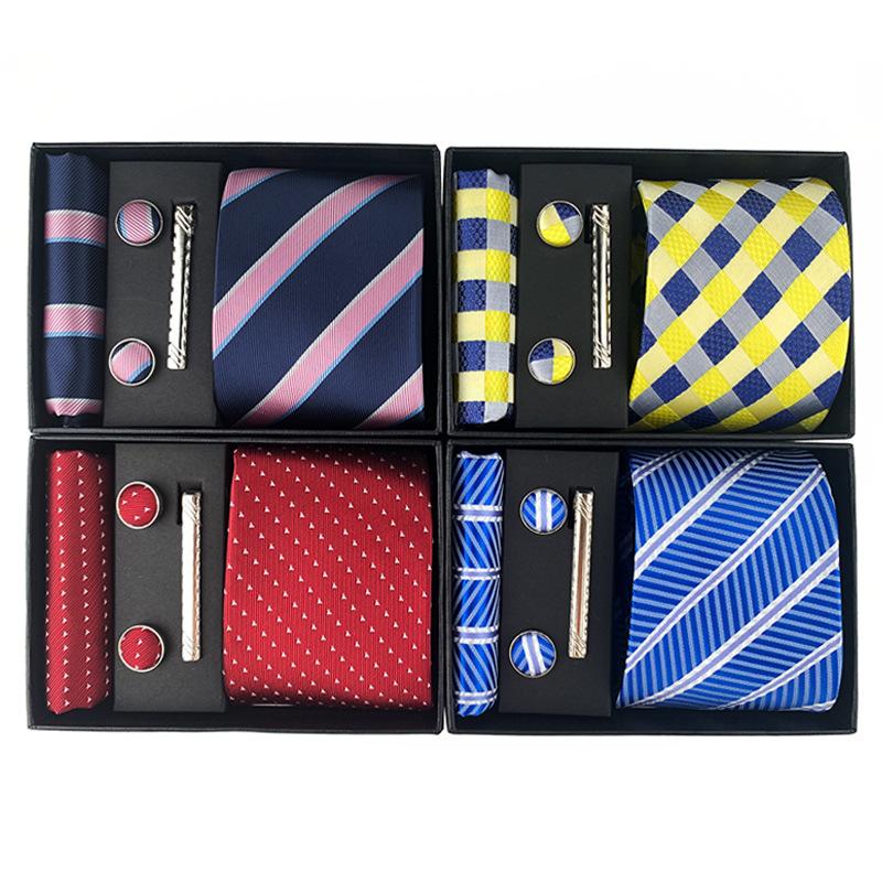 Men'S Striped Flower Plaid Tie Square Towel Cuffs Tie Clip Gift Box Set Business Casual Tie Black