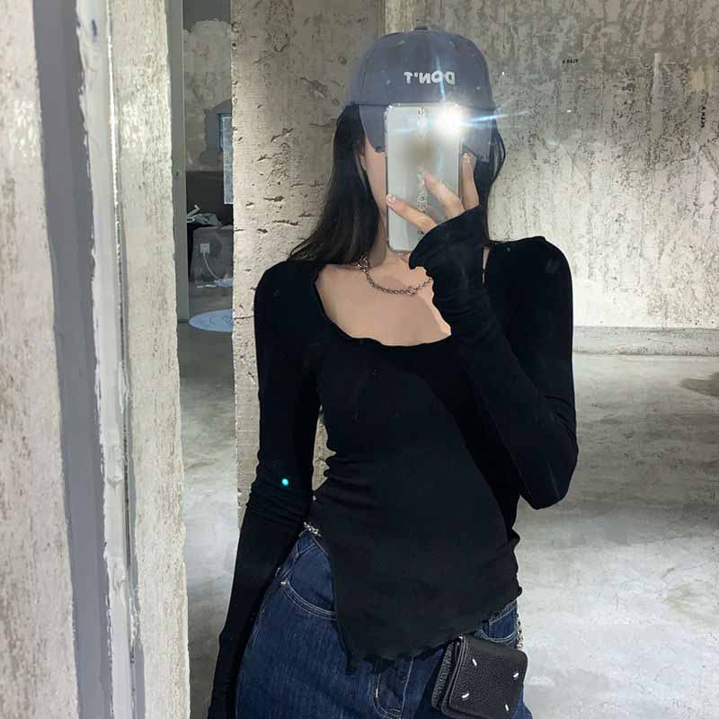 Футболки с длинным рукавом, женские вязаные стройные осенние футболки с неровным подолом, шикарные модные сексуальные однотонные футболки