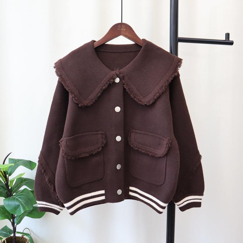 Вязаный двухсторонний кардиган с кукольным воротником и бахромой, новый свободный дизайн, темпераментная куртка-свитер для женщин на осень и зиму