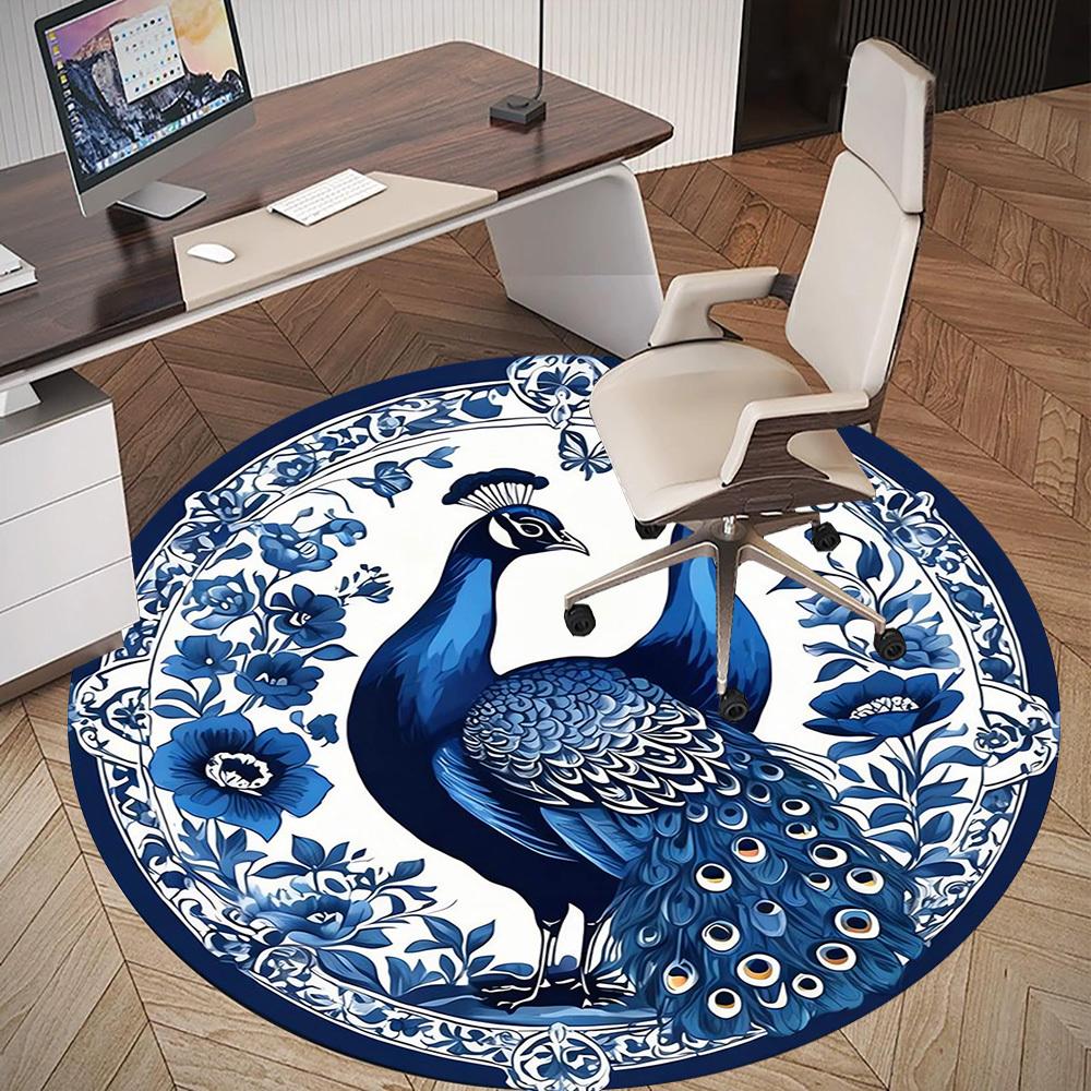1pc Peacock Floral Round Chair mat Area Rug - Non-Slip, Floor Mat for Office, Bedroom, and Indoor Decor -1002226