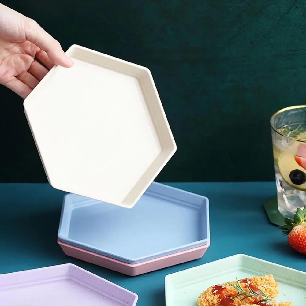 Многофункциональная фруктовая тарелка, столовая посуда, тарелки, шестигранный поднос из пшеничной соломы, десертные тарелки, домашние тарелки цвета конфет