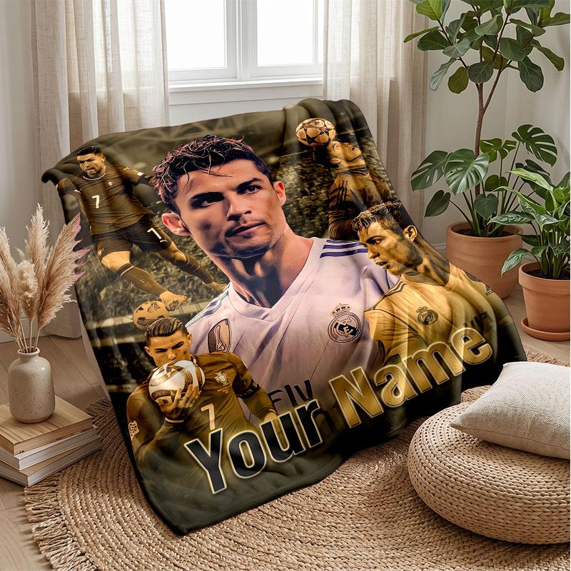 Cristiano Ronaldo Custom Name Text Flannel Blanket Soccer Logo Personalized Fleece Throw Blanket Special Gift For Sofa Bedroom Home
