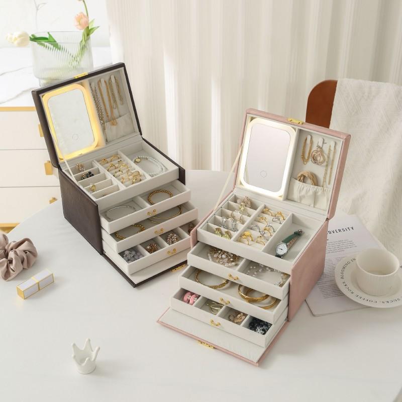Large Capacity Double Layer Lockable Jewelry Box PU Leather Rings Earrings Necklaces