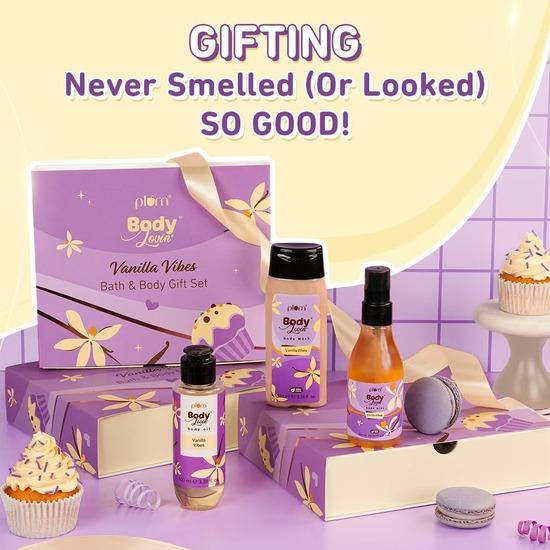 Plum Подарочный набор для ванны и тела BodyLovin' Vanilla Vibes | Гель для душа | Идеальный подарочный набор Rakhi для сестер и женщин | Премиальный подарок | Упаковка из 3 шт.