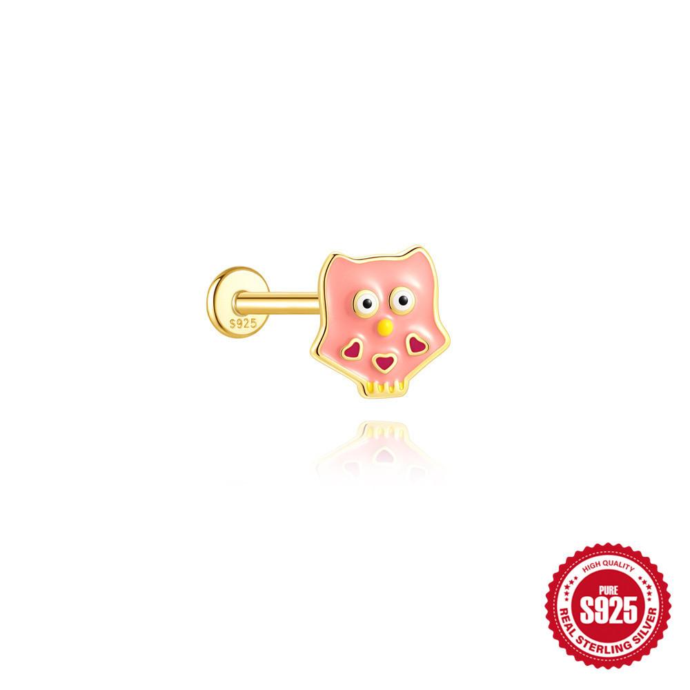 S925 Sterling Silver Cartoon Animal Ear Bone Stud Oil Drop Flat Head Threaded Piercing New Small Cute Fun Trendy Ear Jewelry