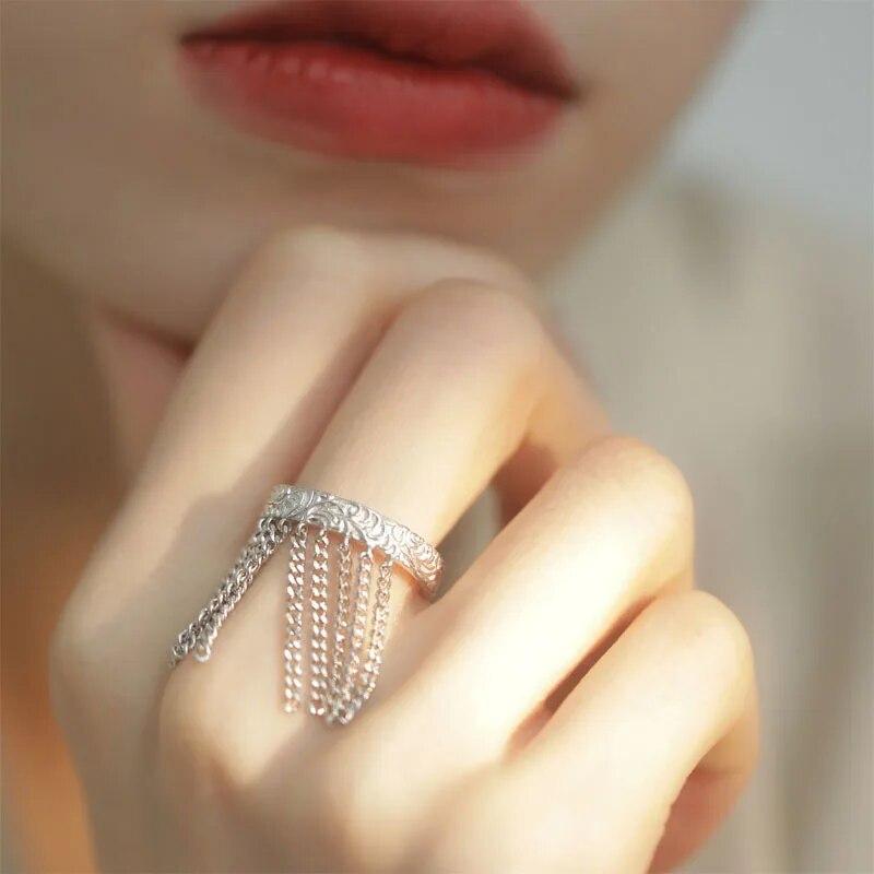 Готическая цепочка с широкими краями, кольца с кисточками, женские винтажные кольца в стиле хип-хоп, панк, регулируемое открывающееся кольцо, эстетические геометрические готические кольца