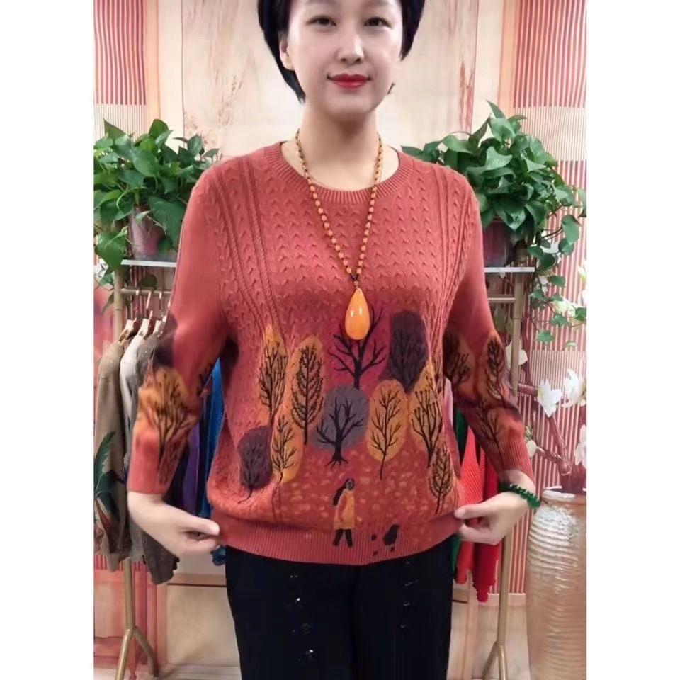 Винтажный принт Вязаные женские топы Осень Круглый вырез Мода Длинный рукав Свободная футболка Женская одежда