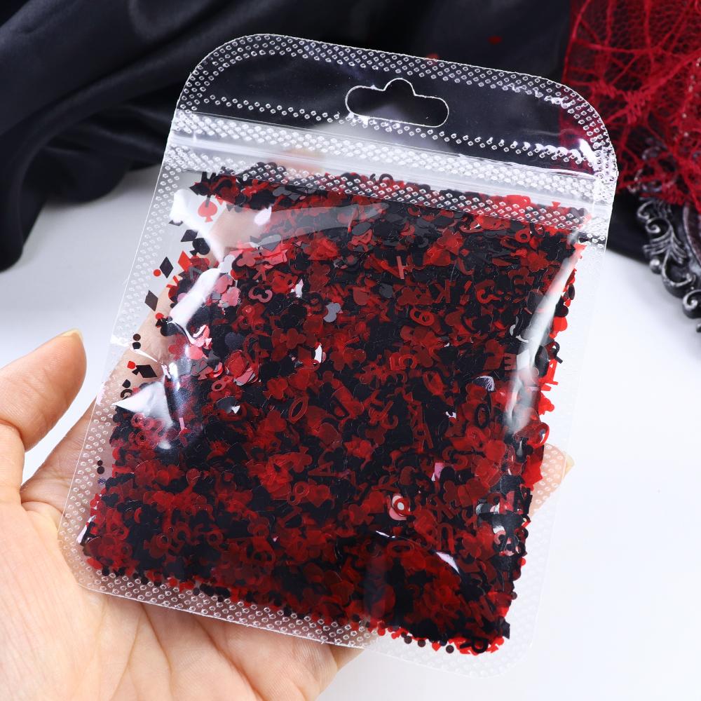 10g Red Black Nail Sequins Decorations 3D Poker Heart Numbers Letters Flakes for DIY Nail Art Supplies Nail Manicure Accessories
