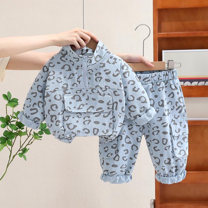 2024 Baby Spring Fashion Leopard Print Two-Piece Set for Toddlers - Stylish Stand-Up Collar for Boys & Girls