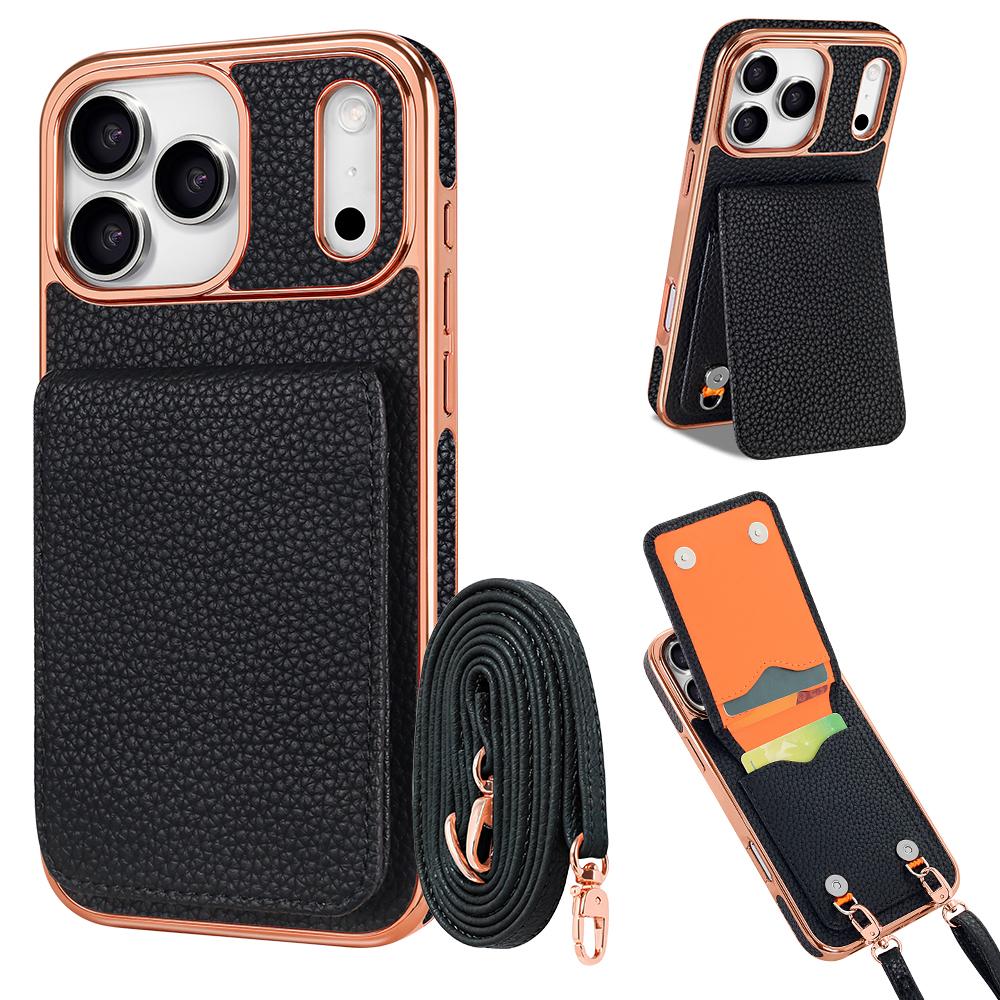 Кожаный чехол с текстурой личи для iPhone 17 16 15 14 13 Pro Max Air, многофункциональный, с магнитной застежкой, кошелек, сумка, подставка, длинный ремешок