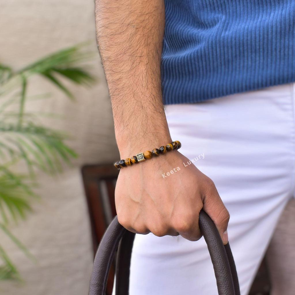 Natural Yellow Tiger's Eye Beaded Bracelet Evil Eye Protection Charm Bracelet For Men Healing Gemstone Beaded Jewelry Unique Gifts