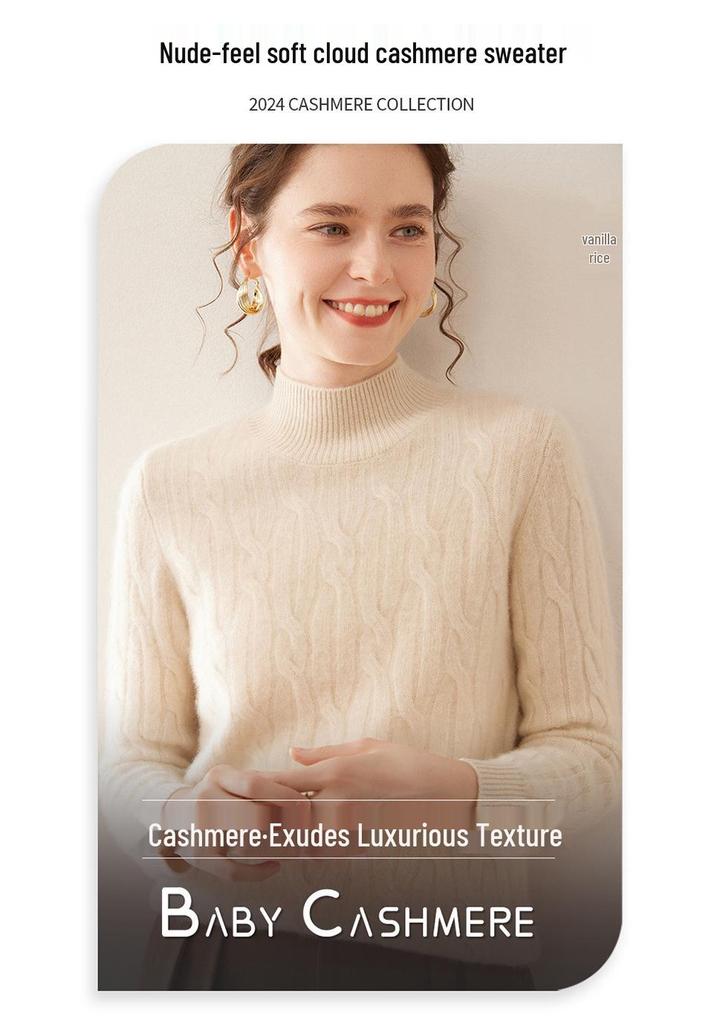 Women's Cashmere Cable Knit Sweater: Autumn/Winter Long Sleeve, Loose Fit, Half-High Neck, Thick and Warm Base Layer.