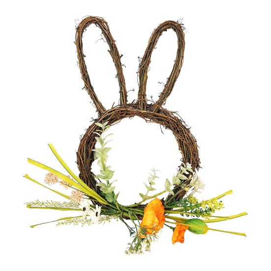 Пасхальный венок в форме маленького кролика, плетеный из ротанга, с пастельными яйцами и цветами для входной двери, для дома, для окна, на стену, весенний декор