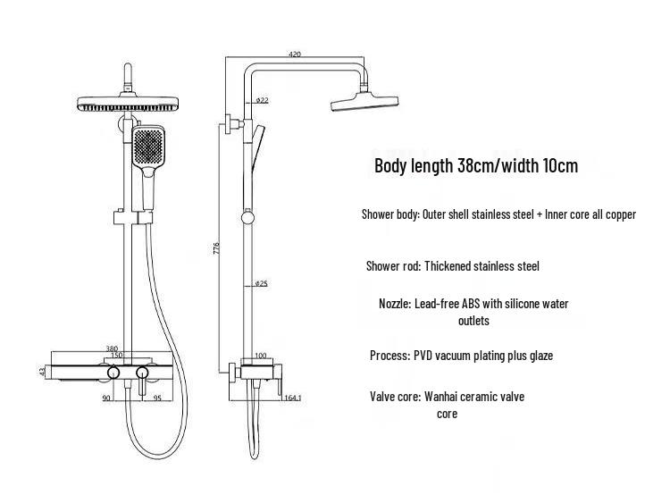 Роскошная полностью медная лейка тропического душа с большой полкой и регулируемым контролем температуры