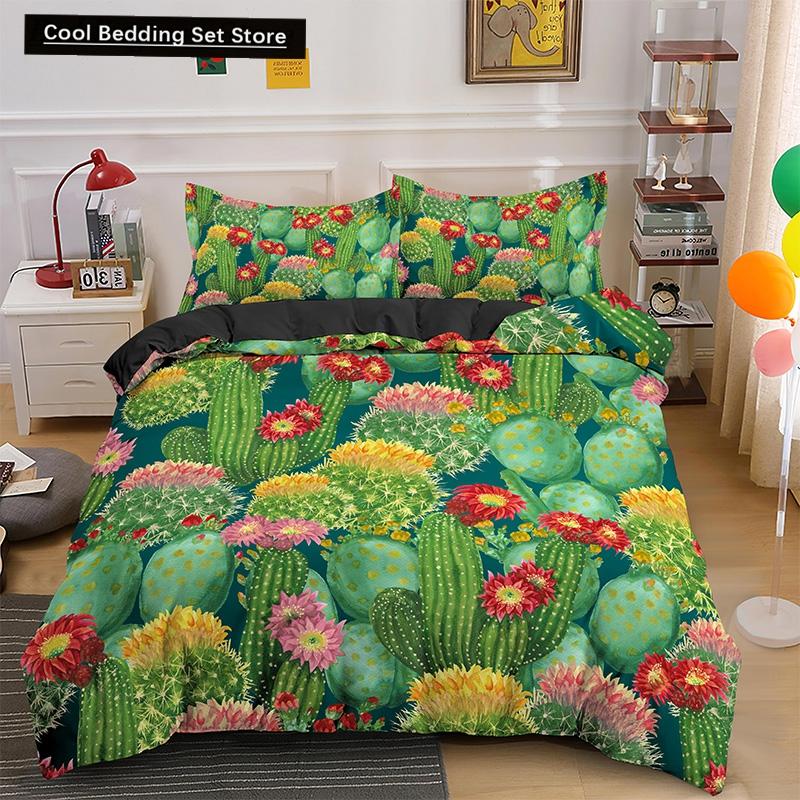 Пододеяльник Cactus King Queen Набор постельного белья с суккулентами для детей, подростков, взрослых Зеленый Ботанический с цветами 2/3 предмета Полиэстеровый пододеяльник