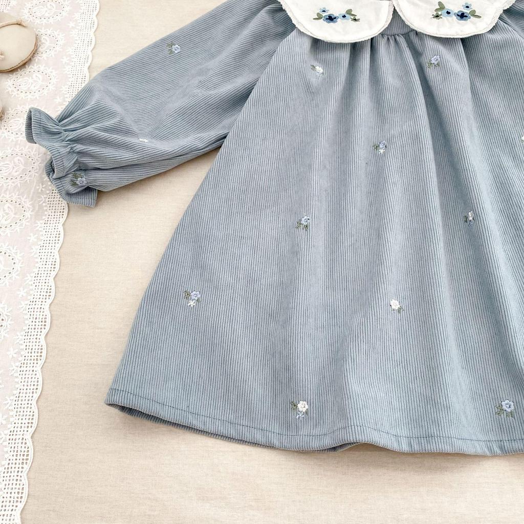 Вельветовое платье-принцесса для корейской девочки с вышитым воротником, длинный рукав для осени/весны.