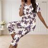 Women Plus Size Round Neck Short Sleeve Christmas Printed Pajamas Set Flared Top Capri Pants