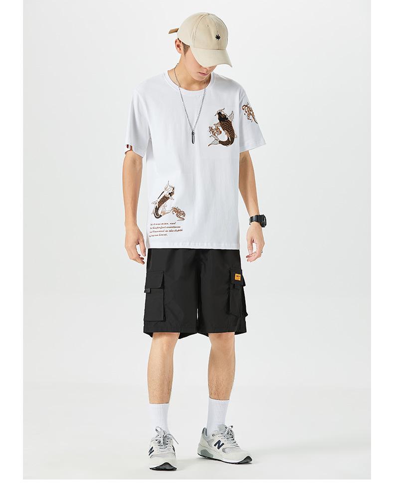 Мужская этническая хлопковая футболка с вышивкой карпов, короткий рукав, свободный крой, большой размер, стиль национальной волны