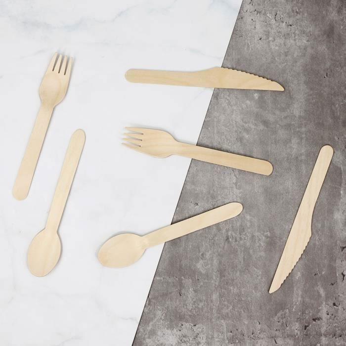 Couverts jetables en bois - exzact - 150 pièces - 100% biodégradables - idéal pour événements - robuste et lisse
