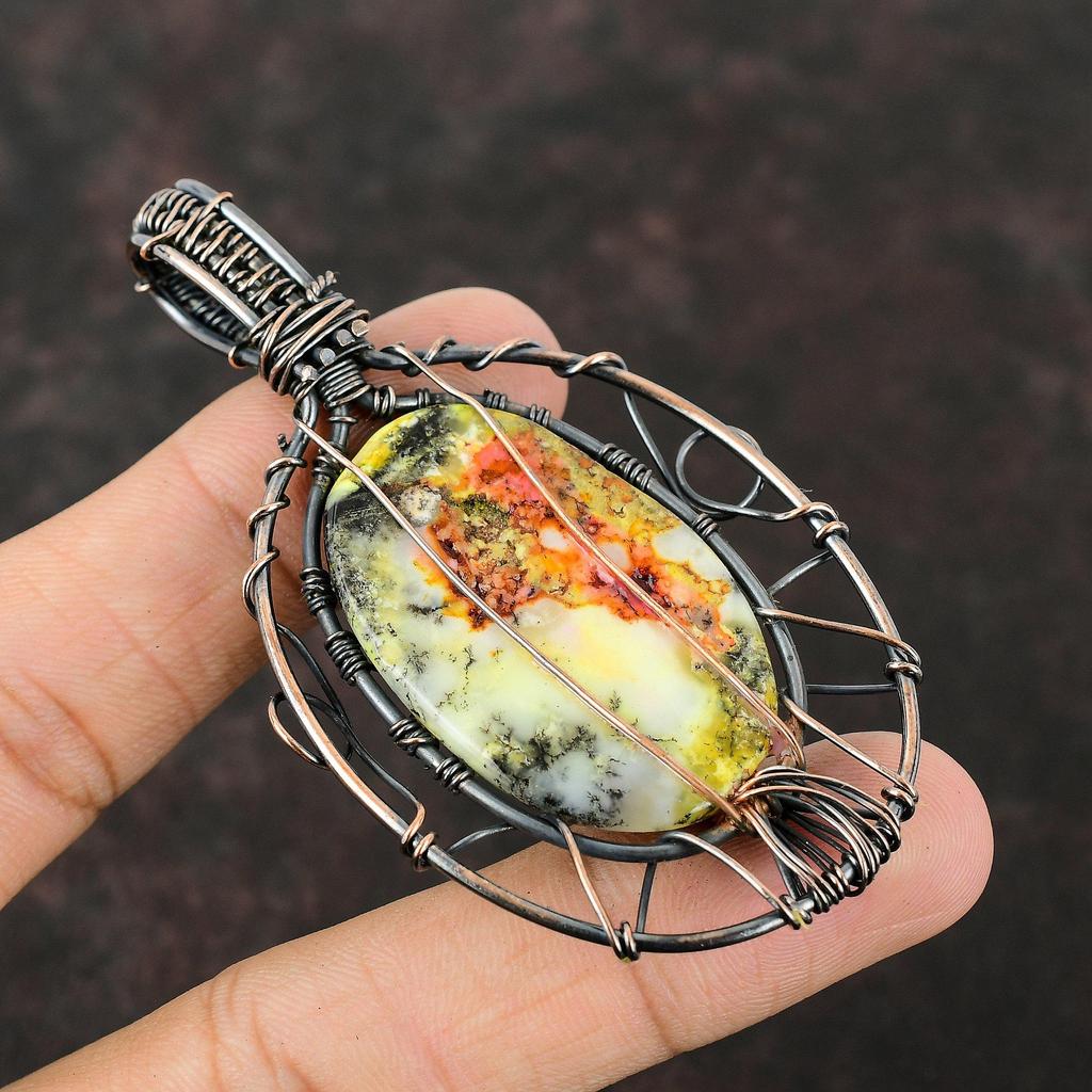 Кулон "Древо Жизни" из желтого дендритового опала, оплетенный медной проволокой, кулон с драгоценным камнем, ручная работа, дизайнерские украшения, украшения в технике wire wrapping, подарок для мамы