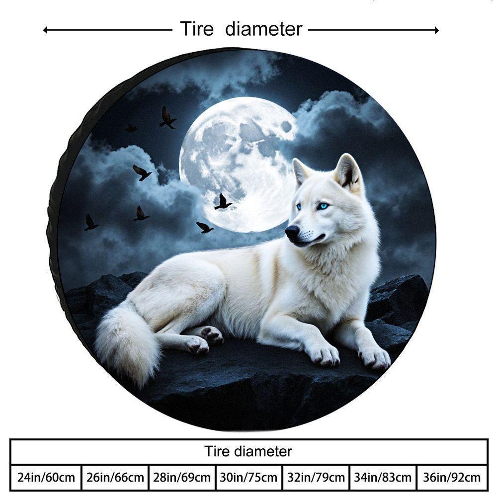 White Wolf Moon Spare Tire Cover Polyester Durable Waterproof Sun Protection for SUV Truck