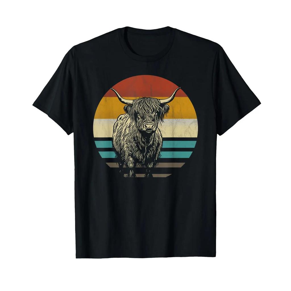 Scottish Highland Cattle Farmer T Shirt Black Vintage Washed Fashion Top For Everyday Wear Soft Stretched Casual Streetwear