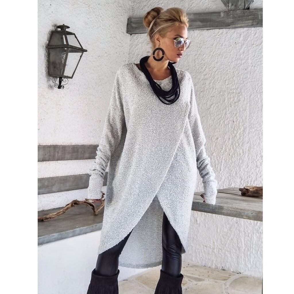 Women Sweater Dress Long Sleeve Pullover Front Slit Knitted Blouse Tops Sweaters Plus Size S-5XL