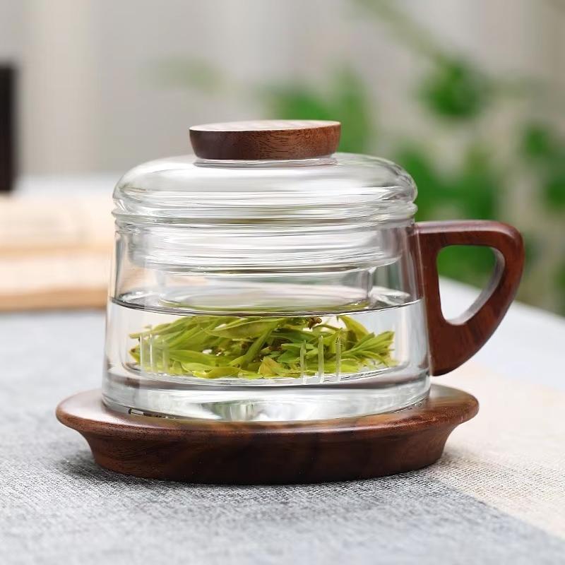 Teapot Coaster Set High Borosilicate Glass Cup with Tea Infuser Portable 3in1 Teaware Heat Resistant Kettle with Wooden Handle
