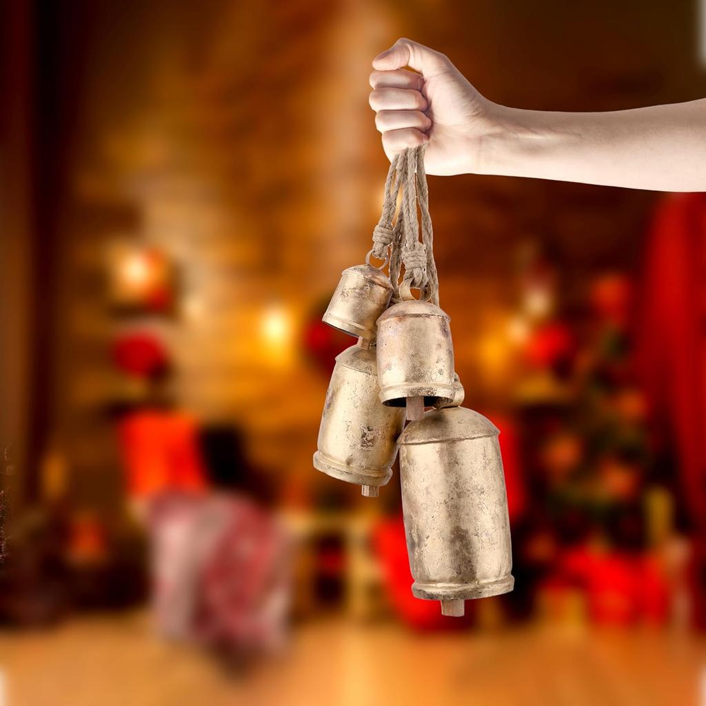 4 Large Rustic Iron Cowbells 4",6",8",10", Handmade Distressed Gold Finish for Farmhouse Christmas Door Decor and Boho Wind Chimes