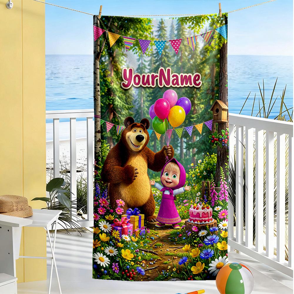 Masha Bear Customizable Name Beach Towel High Absorbency & Quick-Dry Ideal for Travel Outdoor Swim Pool Yoga Surf Camping Hiking Gym Gift Holiday