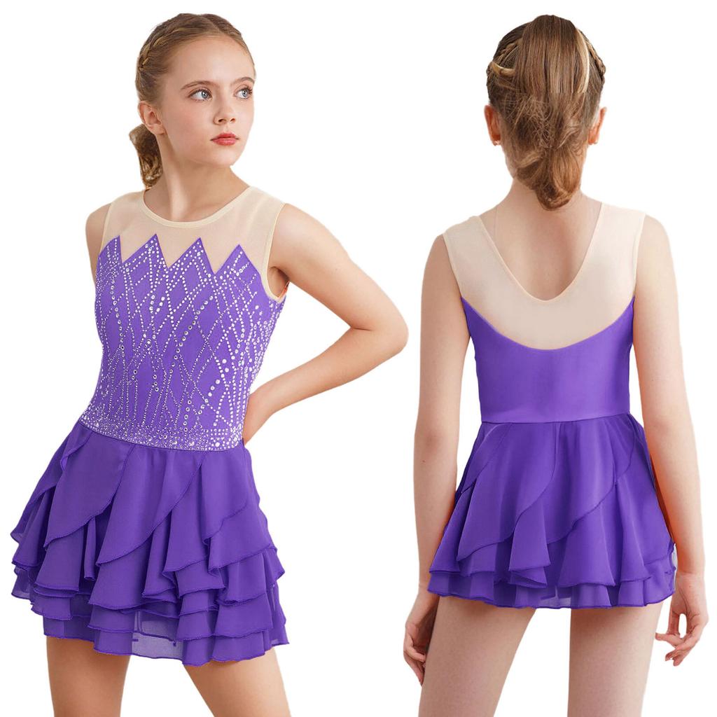 Kids Girls Rhythm Gymnastics Ballet Skirted Leotards Dresses Shiny Rhinestones Figure Skating Lyrical Dance Performance Costume