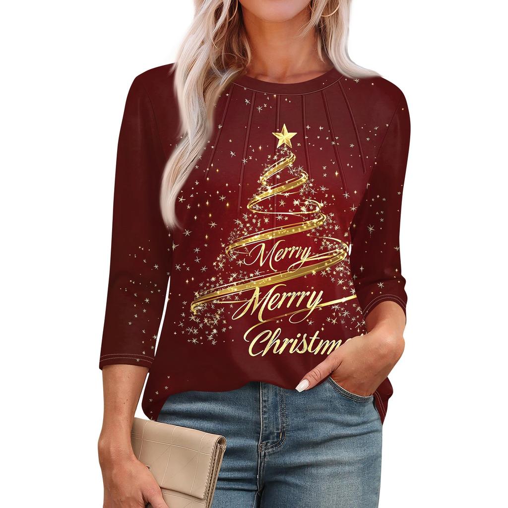 Женская модная футболка с круглым вырезом и рукавом 3/4 с рождественскими принтами, повседневная базовая плиссированная футболка-пуловер