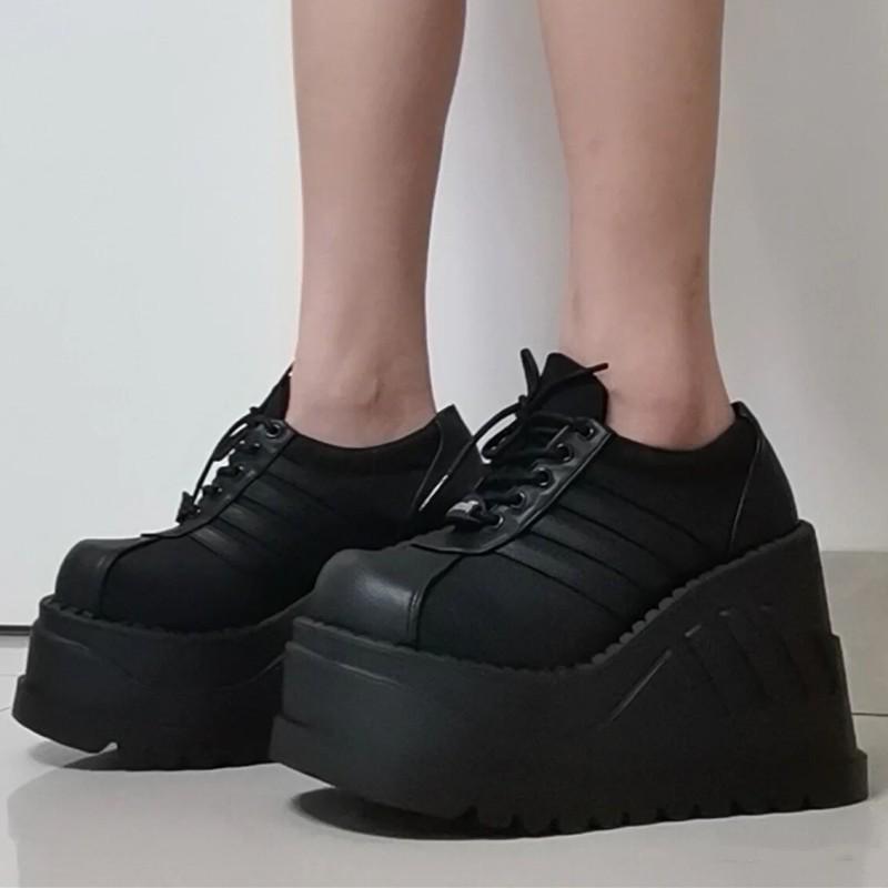 Gothic Punk Platform Shoes: Chunky-Soled, Striped, Breathable Leather with Lace-up Design