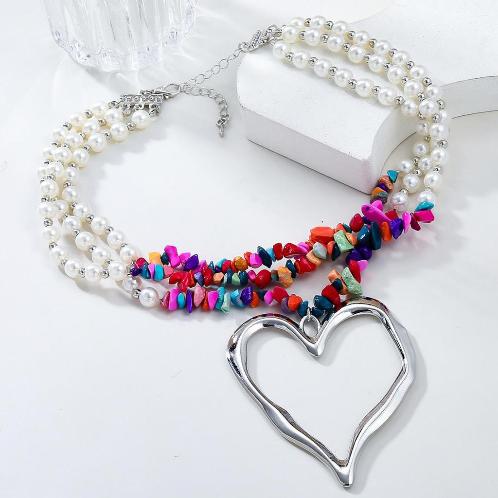 Крупное ожерелье в стиле бохо с имитацией жемчуга и бирюзы в форме сердца